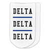 Tri Delta sorority no show socks with the sorority Greek letters printed on the cotton socks
