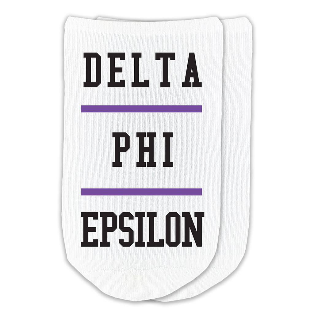 Delta Phi Epsilon design printed on a white cotton no show socks perfect gifts for little sorority