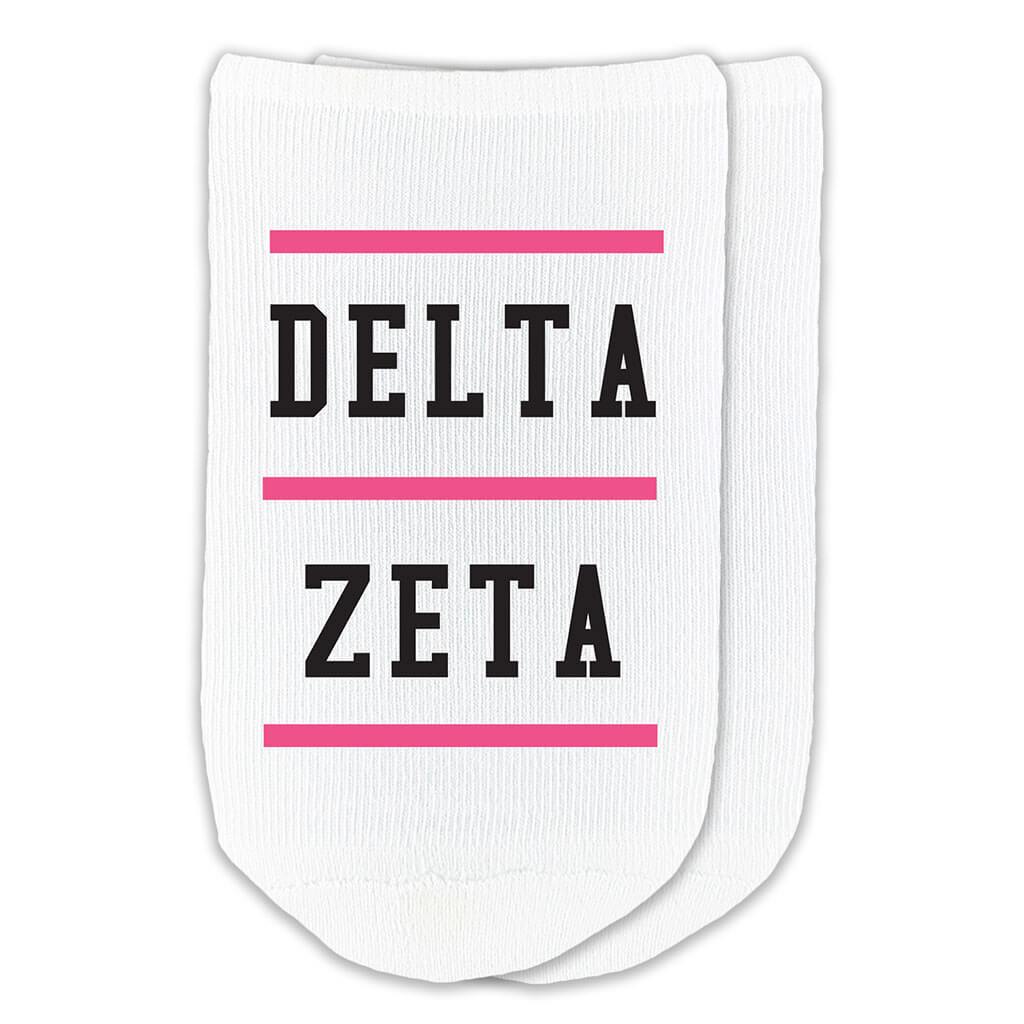 Delta Zeta sorority no show socks with the sorority Greek letters printed on the cotton socks