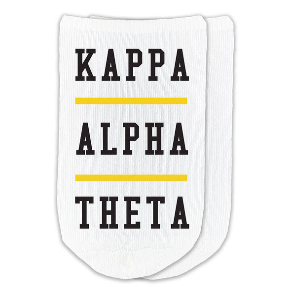 Kappa Alpha Theta design printed on a white cotton no show socks perfect gifts for little sorority