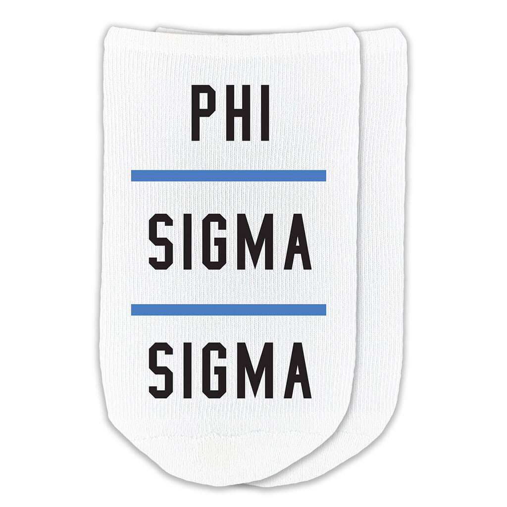 Phi Sigma Sigma design printed on a white cotton no show socks perfect gifts for little sorority