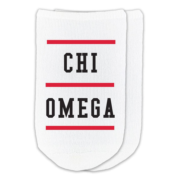 Chi Omega design printed on a white cotton no show socks perfect gifts for little sorority