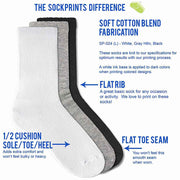 sock features for sockprints cotton crew socks in black, heather gray, and white socks