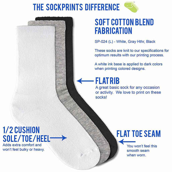 sock features for sockprints cotton crew socks in black, heather gray, and white socks
