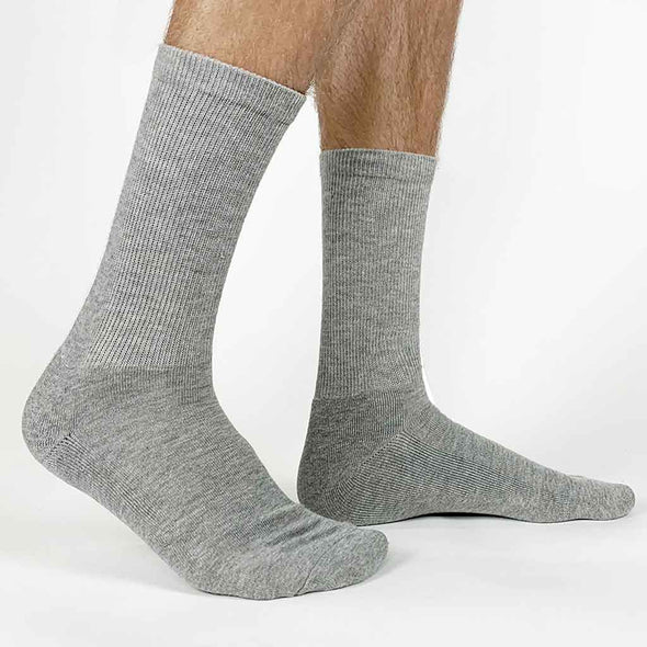 heather gray cotton crew socks for men are custom printed on  the outside of each sock.  Great for team socks, wedding socks, or any occasion