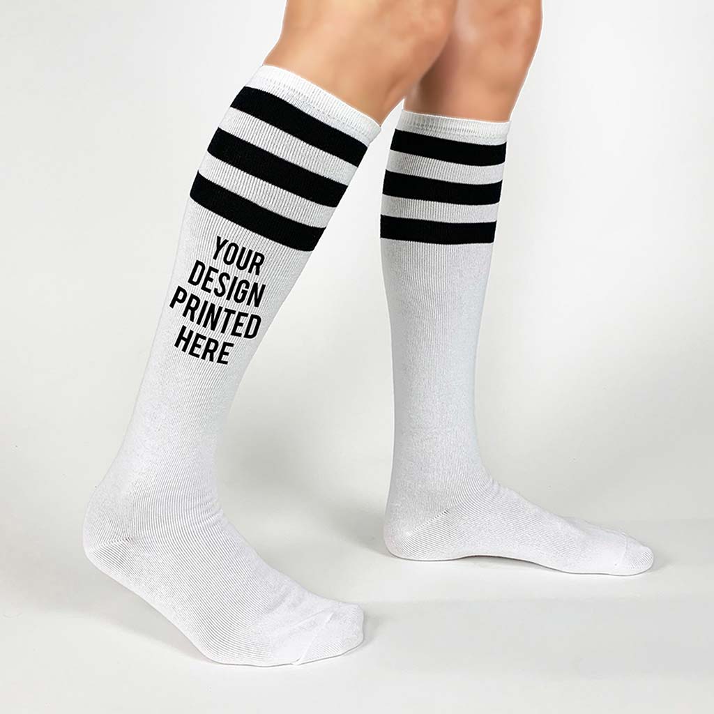 custom printed black striped knee high sock, add your design to be printed on the outside of the socks
