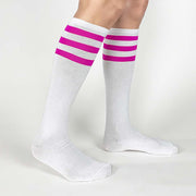 custom printed fuchsia striped knee high sock, add your design to be printed on the outside of the socks