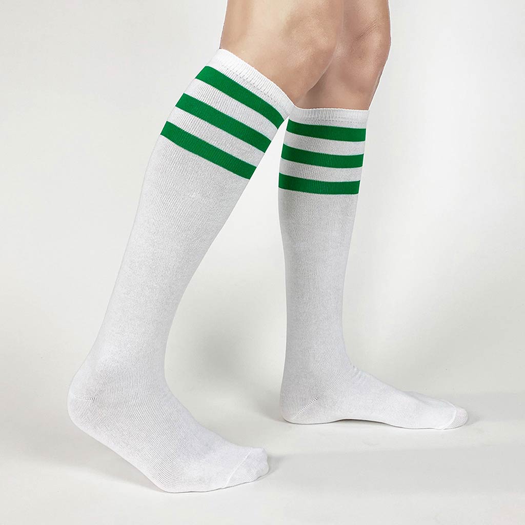 personalized green striped knee high sock, add your design to be printed on the outside of the socks