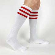 make custom printed red striped knee high sock, add your design to be printed on the outside of the socks