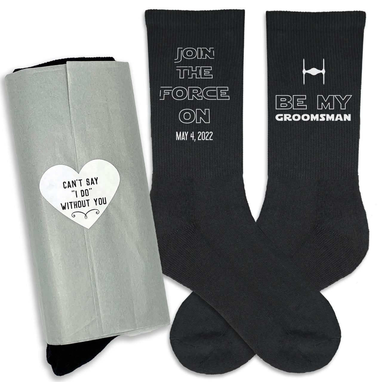 Custom star wars inspired groomsmen proposal socks personalized with a wedding date in assorted colors