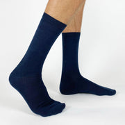 Navy flat knit dress socks.