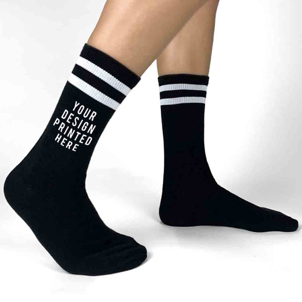 Add your text,, logo, photos, name, or design to these custom printed black with white stripes crew socks