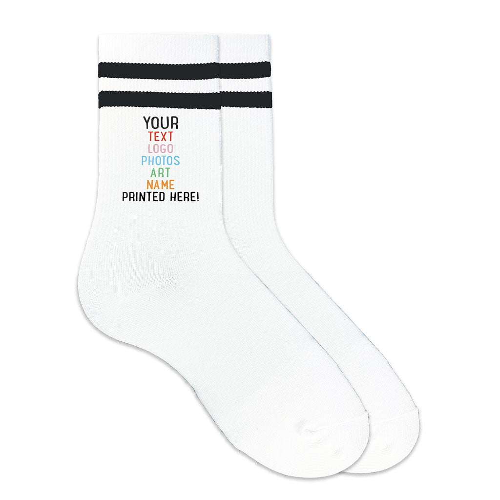 Add your text, logo, photos, name, or design to these custom printed crew socks