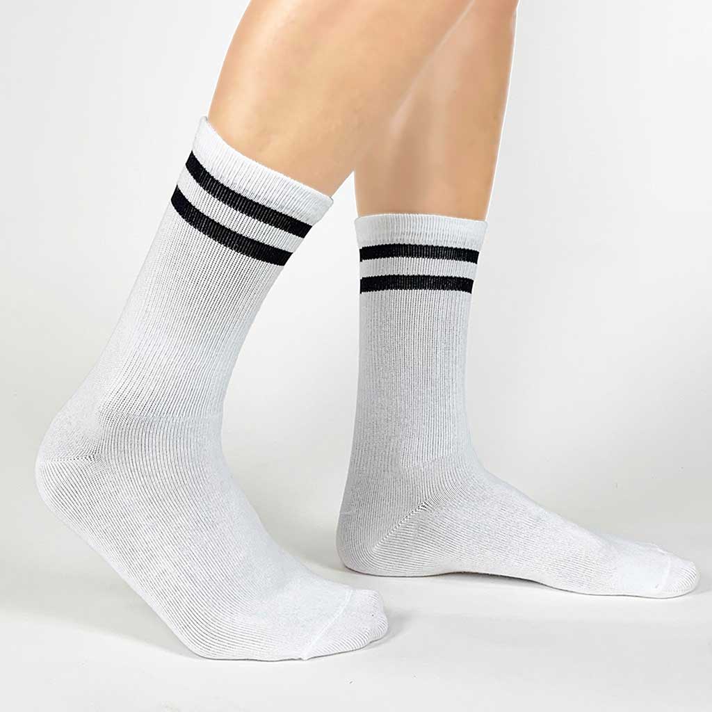 customize your own socks with sockprints sporty black striped crew socks for women