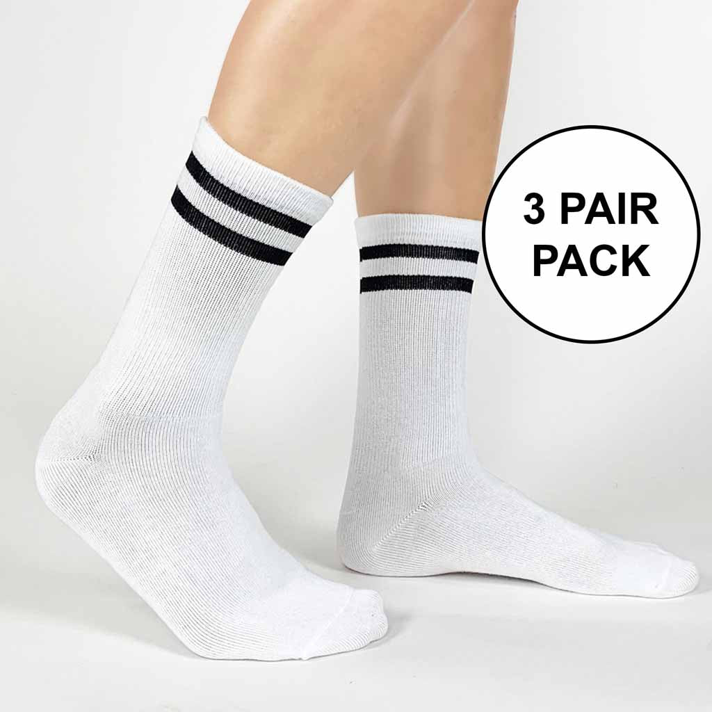 Basic black striped white cotton crew socks available in two sized sold in a three  pair pack same size and color by sockprints.