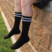 Sockprints basic black crew socks with white stripes