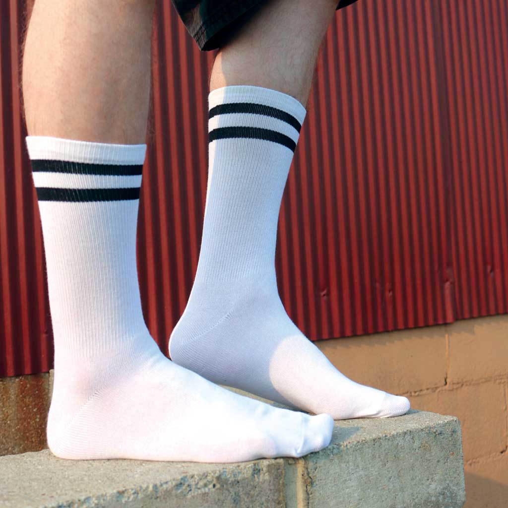 Sockprints basic white crew socks with black stripes