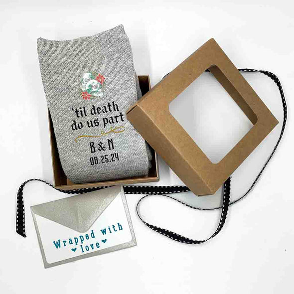 Personalized gothic wedding day socks for the goth groom with a gift wrapping set included with purchase.