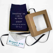 Custom printed navy flat knit wedding socks for the father of the groom in colored ink with gift wrap kit included with purchase.