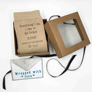 Personalized tan flat knit wedding socks for the father of the groom custom printed and personalized and a gift wrap kit included with purchase.
