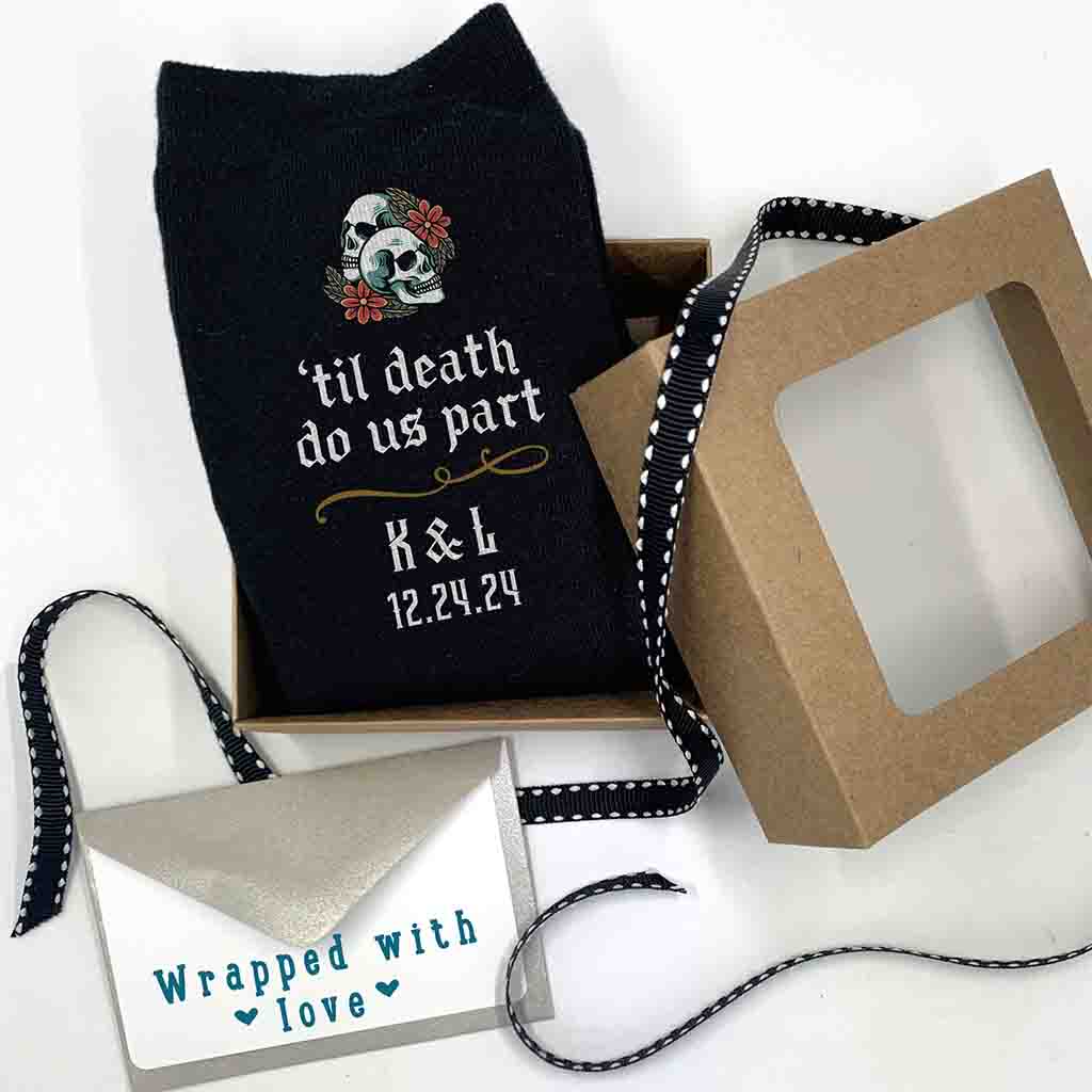 Personalized gothic wedding day socks for the goth groom with a gift wrapping set included with purchase.