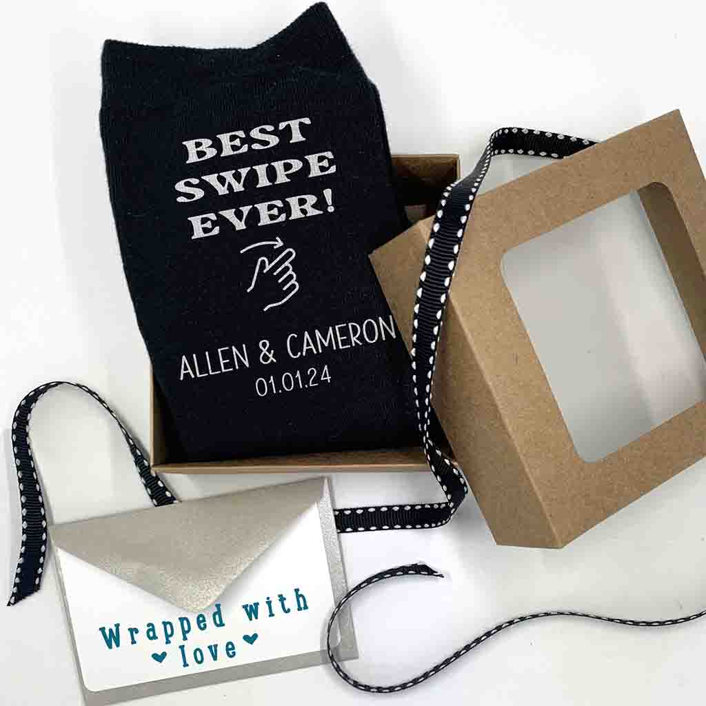 Best swipe ever personalized wedding socks with names and date with an exclusive gift wrap bundle included with purchase.