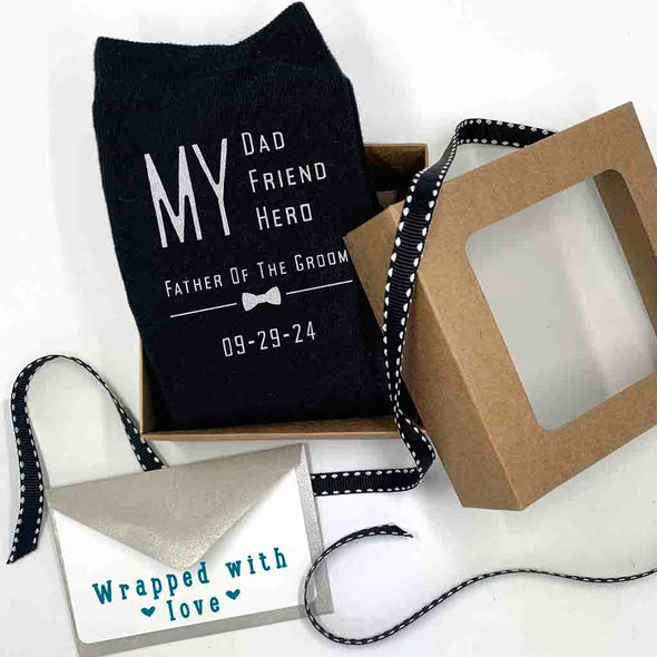 Personalized wedding socks for the father of the groom bowtie  design digitally printed on cotton socks with a gift wrapping kit included with purchase.