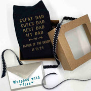 Custom printed best dad father of the groom wedding socks with colored ink and a gift wrap kit included with purchase.