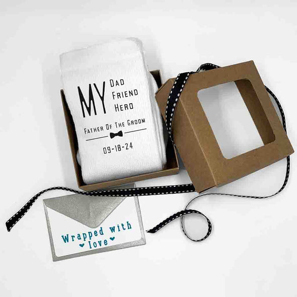 Personalized wedding socks for the father of the groom bowtie  design digitally printed on cotton socks with a gift wrapping kit included with purchase.