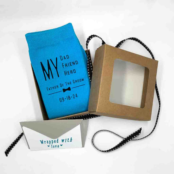 Personalized wedding socks for the father of the groom bowtie  design digitally printed on cotton socks with a gift wrapping kit included with purchase.