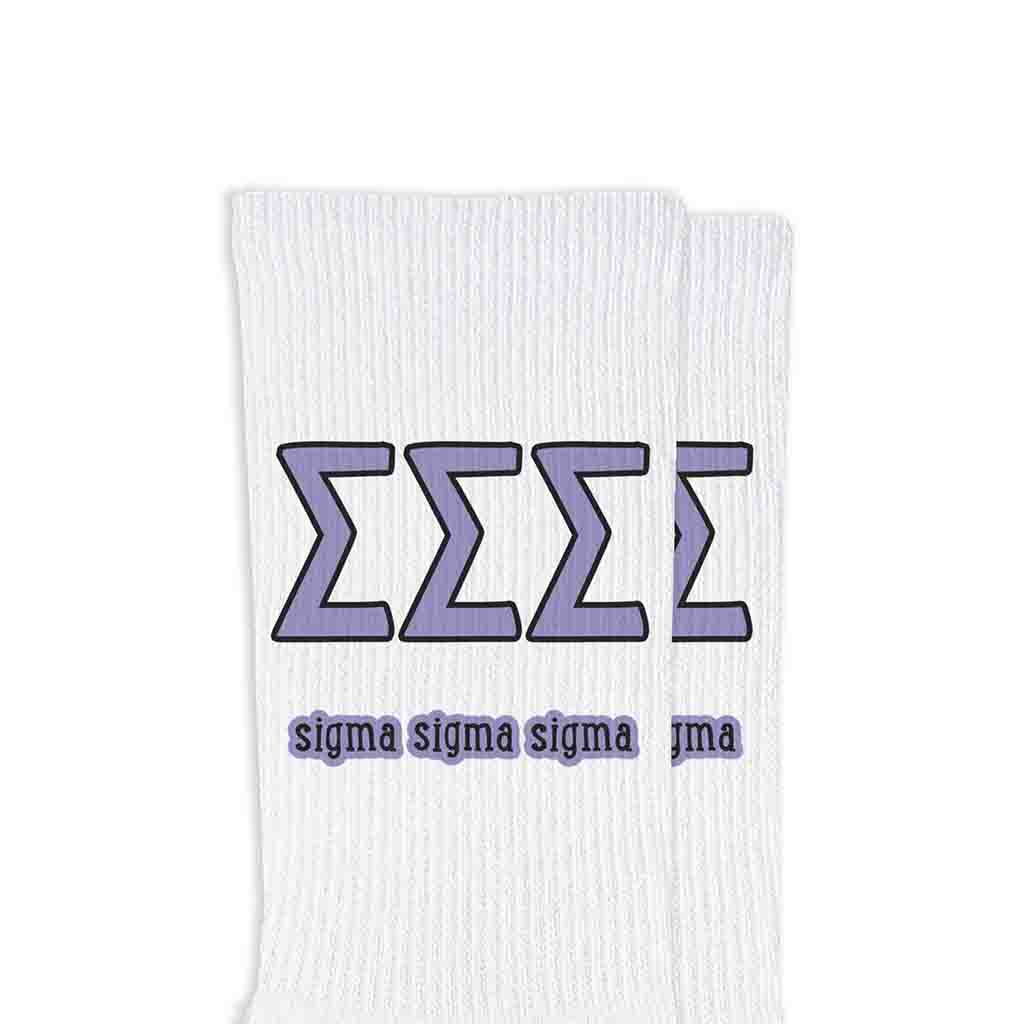 Tri Sigma sorority letters and name in sorority colors digitally printed on white crew socks.