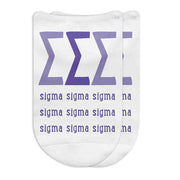 Tri Sigma sorority letters and name digitally printed on white no show socks.