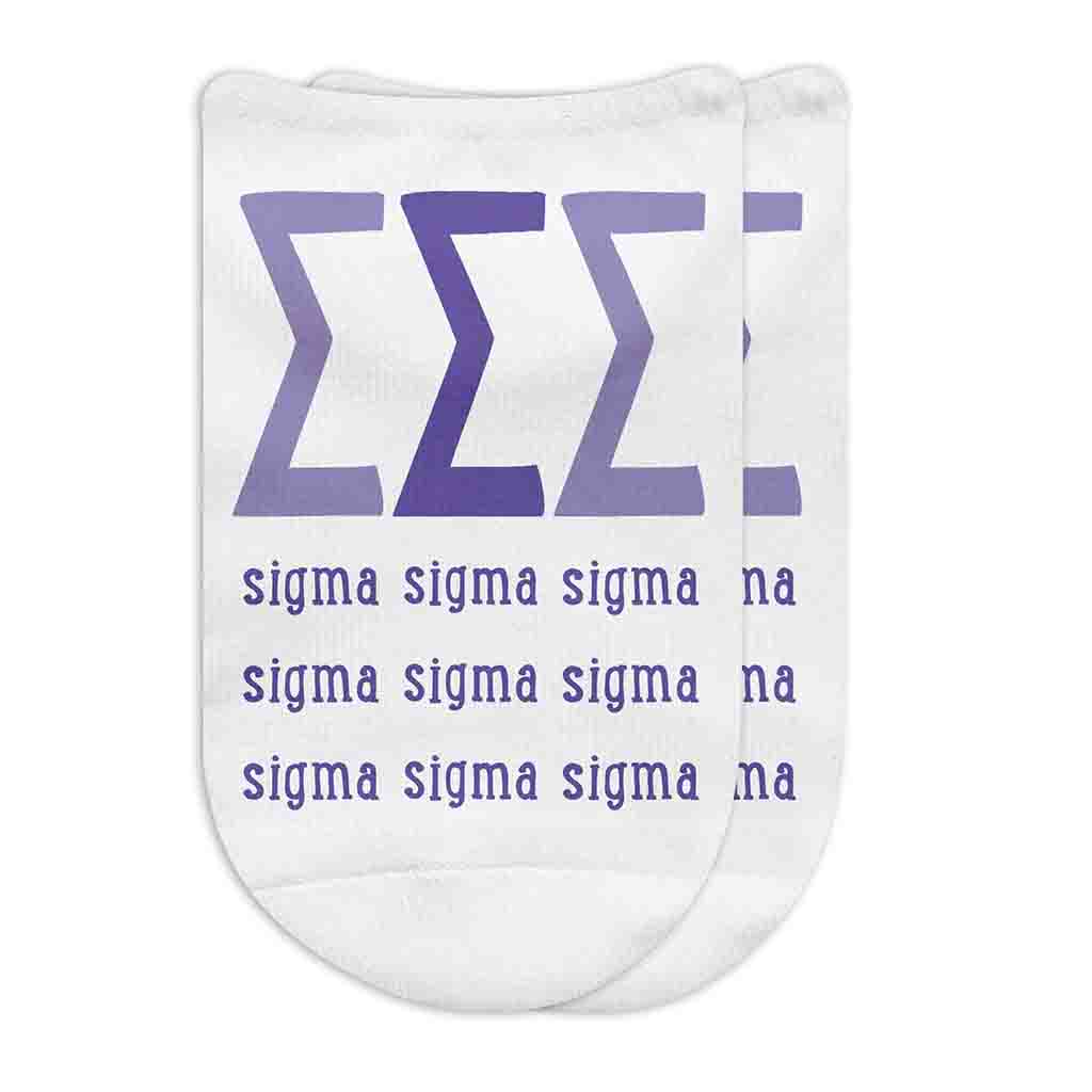 Tri Sigma sorority letters and name digitally printed on white no show socks.