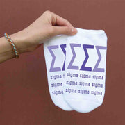 Tri Sigma sorority letters and name digitally printed on white no show socks.