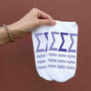 Tri Sigma sorority letters and name digitally printed on white no show socks.