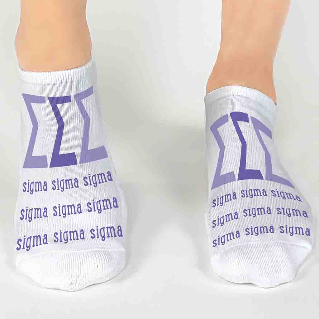 Tri Sigma sorority letters and name digitally printed on white no show socks.