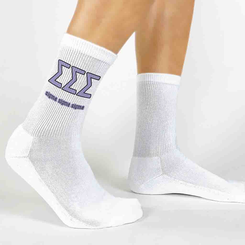 Tri Sigma sorority letters and name in sorority colors digitally printed on white crew socks.