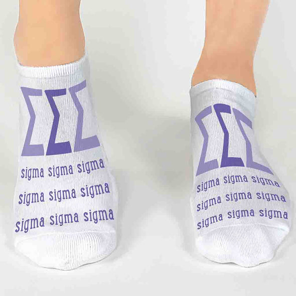 Tri Sigma sorority letters and name digitally printed on white no show socks.