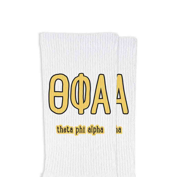 Theta Phi Alpha sorority letters and name digitally printed in sorority colors on white crew socks.