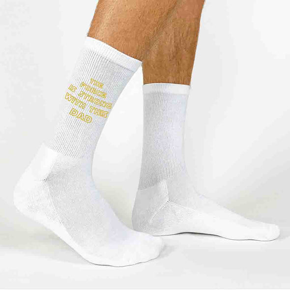 Fathers day crew socks digitally printed with classic saying the force is strong with this one.