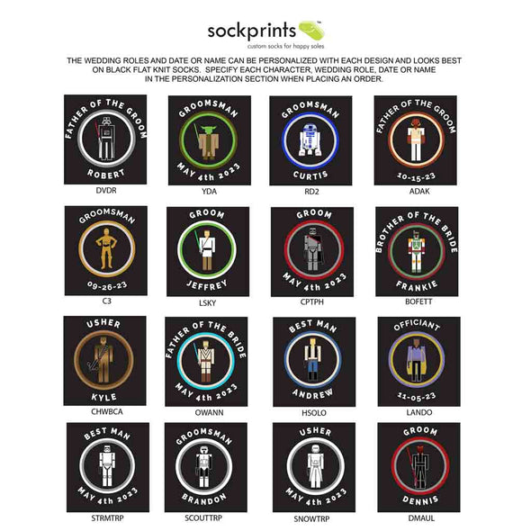 Star Wars inspired designs for the wedding party. Personalized wedding socks make a fun Star Wars theme wedding idea for groomsmen socks.