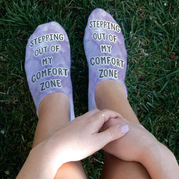 Comfy white cotton no show socks printed with tie dye design and inspiring quote stepping out of my comfort zone.