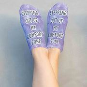 Stepping out of my comfort zone purple tie dye design custom printed in ink on white cotton no show socks.