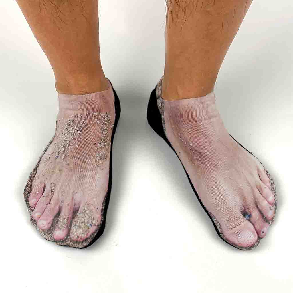 Original design by socksprints these digitally printed sandy feet are custom printed on no show gripper sole socks.