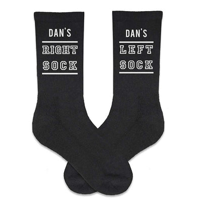 Custom printed name and right and left on cotton crew socks.