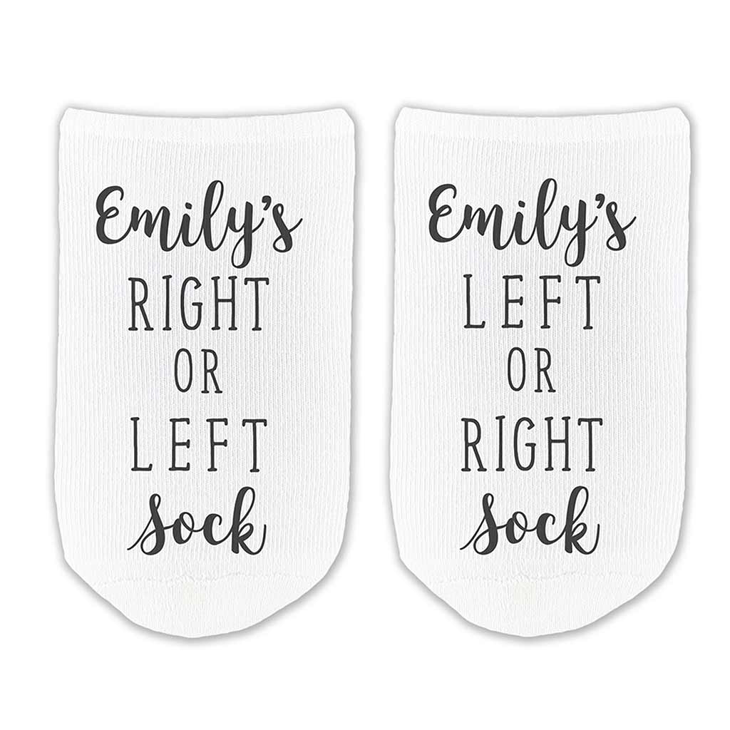 Funny personalized with your name right and left custom printed on no show socks.