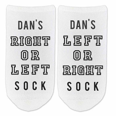 Funny right or left custom printed on no show socks.