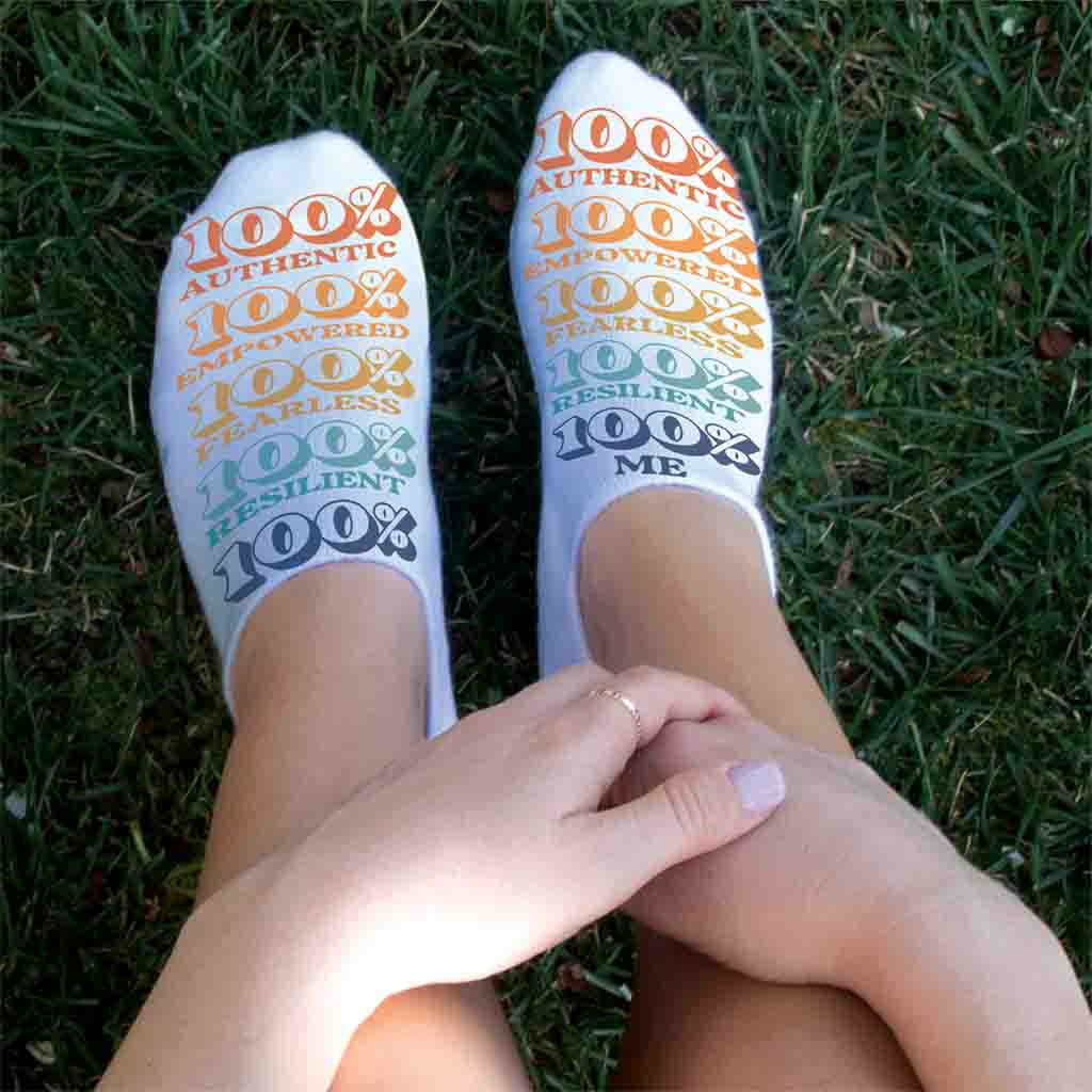 Self positivity 100% me design digitally printed on no show socks.