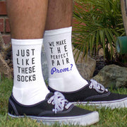 The perfect pair of promposal socks to ask someone to senior prom these printed cotton crew socks are a fun way to ask and will definitely get the attention you deserve.