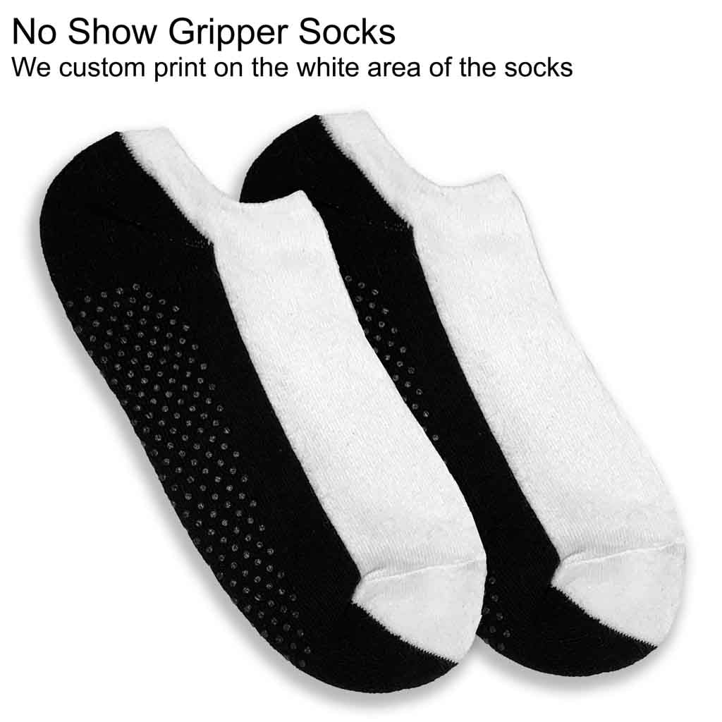 We custom print your design on the white part of the no show gripper socks.